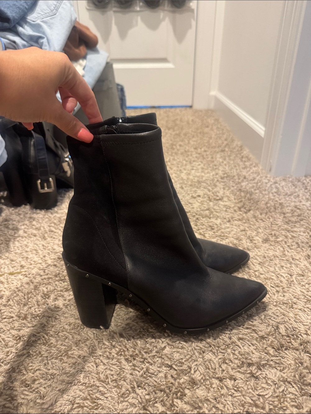 Aldo black dual fabric Pointed Toe Block Heel Ankle Boots with studs